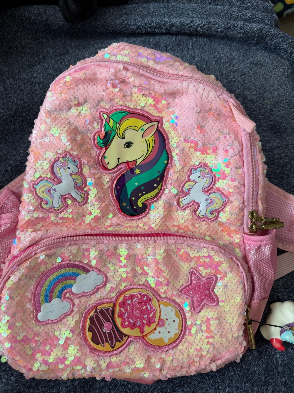 Girls Pink Sequin Unicorn and Donuts Design Backpack